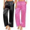 Ekouaer 2 Pack Womens Satin Pajama Pants Silk Sleep Lounge Pants Loose Pj Bottom with Pockets(Black and Pink Leopard)