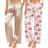 Ekouaer 2 Pack Womens Satin Pajama Pants Silk Sleep Lounge Pants Loose Pj Bottom with Pockets(Champagne and Cherry Teddy)