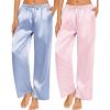 Ekouaer 2 Pack Womens Satin Pajama Pants Silk Sleep Lounge Pants Loose Pj Bottom with Pockets(Light Blue and Pink Stripe)