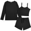 Ekouaer 3 Piece Waffle Knit Lounge Set for Women, Long Sleeve and Cami Top with Shorts Pajama Sets for All Seasons(Black)