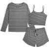 Ekouaer 3 Piece Waffle Knit Lounge Set for Women, Long Sleeve and Cami Top with Shorts Pajama Sets for All Seasons(Black and White Stripes)