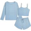 Ekouaer 3 Piece Waffle Knit Lounge Set for Women, Long Sleeve and Cami Top with Shorts Pajama Sets for All Seasons(Blue and White Stripes)