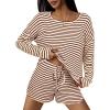 Ekouaer 3 Piece Waffle Knit Lounge Set for Women, Long Sleeve and Cami Top with Shorts Pajama Sets for All Seasons(Brown/White)