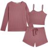 Ekouaer 3 Piece Waffle Knit Lounge Set for Women, Long Sleeve and Cami Top with Shorts Pajama Sets for All Seasons(Dusty Rose)