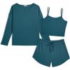 Ekouaer 3 Piece Waffle Knit Lounge Set for Women, Long Sleeve and Cami Top with Shorts Pajama Sets for All Seasons(Green)