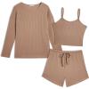 Ekouaer 3 Piece Waffle Knit Lounge Set for Women, Long Sleeve and Cami Top with Shorts Pajama Sets for All Seasons(Khaki)