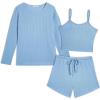 Ekouaer 3 Piece Waffle Knit Lounge Set for Women, Long Sleeve and Cami Top with Shorts Pajama Sets for All Seasons(Light Blue)