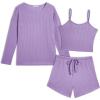 Ekouaer 3 Piece Waffle Knit Lounge Set for Women, Long Sleeve and Cami Top with Shorts Pajama Sets for All Seasons(Light Purple)