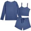 Ekouaer 3 Piece Waffle Knit Lounge Set for Women, Long Sleeve and Cami Top with Shorts Pajama Sets for All Seasons(Navy Blue)