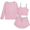 Ekouaer 3 Piece Waffle Knit Lounge Set for Women, Long Sleeve and Cami Top with Shorts Pajama Sets for All Seasons(Pink and White Stripes)