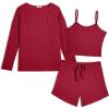 Ekouaer 3 Piece Waffle Knit Lounge Set for Women, Long Sleeve and Cami Top with Shorts Pajama Sets for All Seasons(Red)
