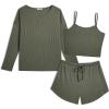 Ekouaer 3 Piece Waffle Knit Lounge Set for Women, Long Sleeve and Cami Top with Shorts Pajama Sets for All Seasons(Sage Green)