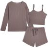 Ekouaer 3 Piece Waffle Knit Lounge Set for Women, Long Sleeve and Cami Top with Shorts Pajama Sets for All Seasons(Taupe Gray)