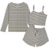 Ekouaer 3 Piece Waffle Knit Lounge Set for Women, Long Sleeve and Cami Top with Shorts Pajama Sets for All Seasons(White and Black Stripes)