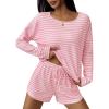 Ekouaer 3 Piece Waffle Knit Lounge Set for Women, Long Sleeve and Cami Top with Shorts Pajama Sets for All Seasons(White/Pink)
