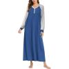 Ekouaer Nightgown Long Sleeve for Women Sleepwear V Neck Loungewear Button Full Length Nightshirt(Navy)