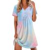 Ekouaer Nightgowns for Women Cotton Night Gowns Pleated Nightshirts Henley V Neck Sleepshirts Short Sleeve Sleepwear(Pink & Yellow Tie Dye)