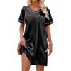 Ekouaer Satin Nightgowns for Women Silk Sleep Shirt Silky Loose Sleepwear V Neck Nightshirt Short Sleeve Pajamas(Black)