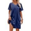 Ekouaer Satin Nightgowns for Women Silk Sleep Shirt Silky Loose Sleepwear V Neck Nightshirt Short Sleeve Pajamas(Navy Blue)