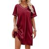 Ekouaer Satin Nightgowns for Women Silk Sleep Shirt Silky Loose Sleepwear V Neck Nightshirt Short Sleeve Pajamas(Wine Red)