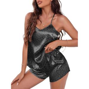 EKOUAER Silky Pajama Set for Women V-Neck Satin Camisole Lingerie Sets Party Loungewear Sleepwear(Black Leopard)
