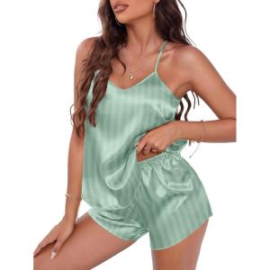 EKOUAER Silky Pajama Set for Women V-Neck Satin Camisole Lingerie Sets Party Loungewear Sleepwear(Light Green Stripe)