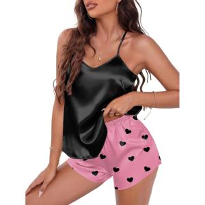 EKOUAER Silky Pajama Set for Women V-Neck Satin Camisole Lingerie Sets Party Loungewear Sleepwear(Pink Heart)
