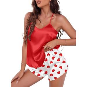 EKOUAER Silky Pajama Set for Women V-Neck Satin Camisole Lingerie Sets Party Loungewear Sleepwear(Red Heart)
