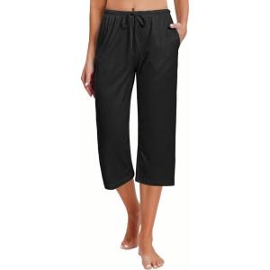 Ekouaer 2 Pack Women’s Capri Pajama Pants Printed Drawstring Comfy Pj Bottoms With Pockets(Black)