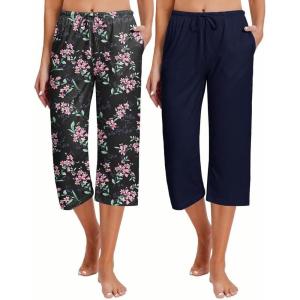 Ekouaer 2 Pack Women’s Capri Pajama Pants Printed Drawstring Comfy Pj Bottoms With Pockets(Black/Navy Blue)