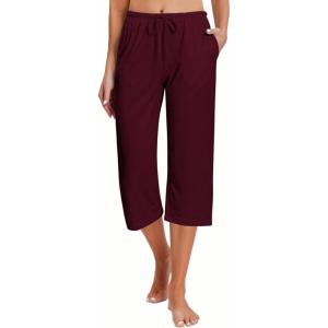 Ekouaer 2 Pack Women’s Capri Pajama Pants Printed Drawstring Comfy Pj Bottoms With Pockets(Burgundy)