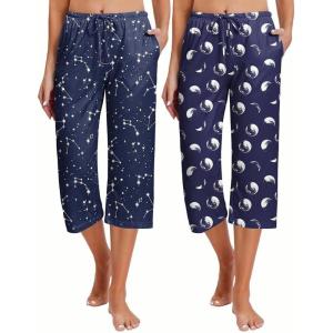 Ekouaer 2 Pack Women’s Capri Pajama Pants Printed Drawstring Comfy Pj Bottoms With Pockets(Dark Blue/Dark Teal)