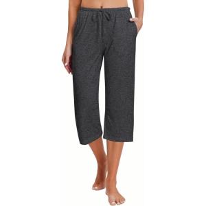 Ekouaer 2 Pack Women’s Capri Pajama Pants Printed Drawstring Comfy Pj Bottoms With Pockets(Dark Heather Gray)