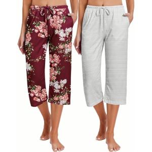 Ekouaer 2 Pack Women’s Capri Pajama Pants Printed Drawstring Comfy Pj Bottoms With Pockets(Flower / Grey Stripe)