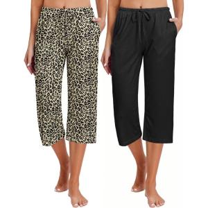 Ekouaer 2 Pack Women’s Capri Pajama Pants Printed Drawstring Comfy Pj Bottoms With Pockets(Leopard / Black)