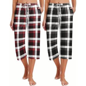 Ekouaer 2 Pack Women’s Capri Pajama Pants Printed Drawstring Comfy Pj Bottoms With Pockets(Maroon/Grey Black)