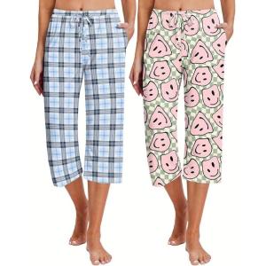 Ekouaer 2 Pack Women’s Capri Pajama Pants Printed Drawstring Comfy Pj Bottoms With Pockets(Powder Blue/Peach)