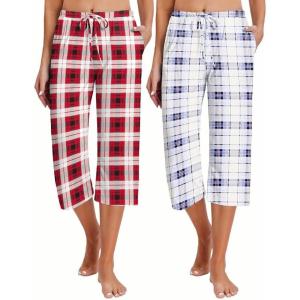 Ekouaer 2 Pack Women’s Capri Pajama Pants Printed Drawstring Comfy Pj Bottoms With Pockets(Red/Blue)
