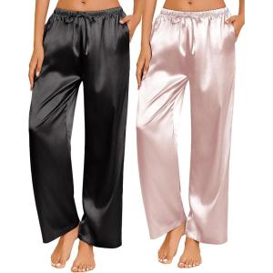 Ekouaer 2 Pack Womens Satin Pajama Pants Silk Sleep Lounge Pants Loose Pj Bottom with Pockets(Black and Champagne)