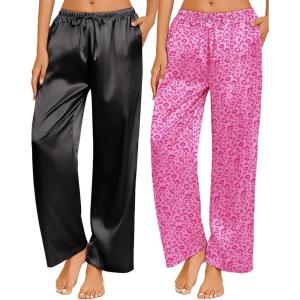 Ekouaer 2 Pack Womens Satin Pajama Pants Silk Sleep Lounge Pants Loose Pj Bottom with Pockets(Black and Pink Leopard)