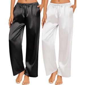 Ekouaer 2 Pack Womens Satin Pajama Pants Silk Sleep Lounge Pants Loose Pj Bottom with Pockets(Black and White)