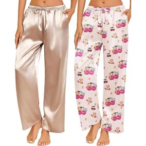 Ekouaer 2 Pack Womens Satin Pajama Pants Silk Sleep Lounge Pants Loose Pj Bottom with Pockets(Champagne and Cherry Teddy)