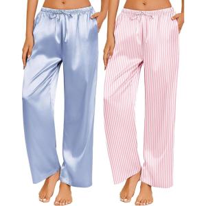 Ekouaer 2 Pack Womens Satin Pajama Pants Silk Sleep Lounge Pants Loose Pj Bottom with Pockets(Light Blue and Pink Stripe)