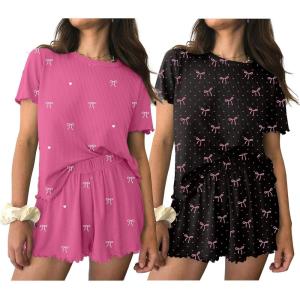 Ekouaer 2 Packs Womens Pajama Set Short Sleeve Sleepwear Soft Top and Shorts Pjs Casual Outfits Lounge Set with Pockets(Rose Red Bow/Black Bow)