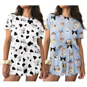 Ekouaer 2 Packs Womens Pajama Set Short Sleeve Sleepwear Soft Top and Shorts Pjs Casual Outfits Lounge Set with Pockets(White Cow/Blue Cat)