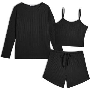 Ekouaer 3 Piece Waffle Knit Lounge Set for Women, Long Sleeve and Cami Top with Shorts Pajama Sets for All Seasons(Black)