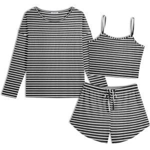 Ekouaer 3 Piece Waffle Knit Lounge Set for Women, Long Sleeve and Cami Top with Shorts Pajama Sets for All Seasons(Black and White Stripes)