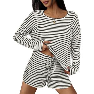Ekouaer 3 Piece Waffle Knit Lounge Set for Women, Long Sleeve and Cami Top with Shorts Pajama Sets for All Seasons(Black/Beige)
