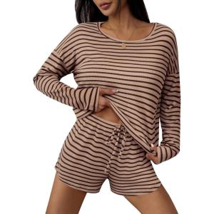 Ekouaer 3 Piece Waffle Knit Lounge Set for Women, Long Sleeve and Cami Top with Shorts Pajama Sets for All Seasons(Brown/Khaki)
