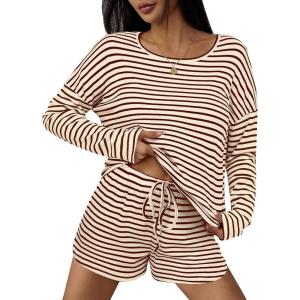 Ekouaer 3 Piece Waffle Knit Lounge Set for Women, Long Sleeve and Cami Top with Shorts Pajama Sets for All Seasons(Brown/White)